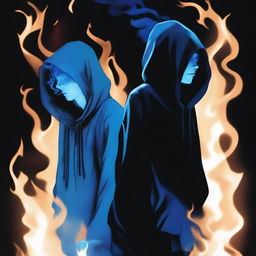 Two late teenagers, one covered by a blue flame and the other covered by a black flame