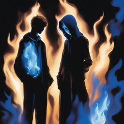 Two late teenagers, one covered by a blue flame and the other covered by a black flame