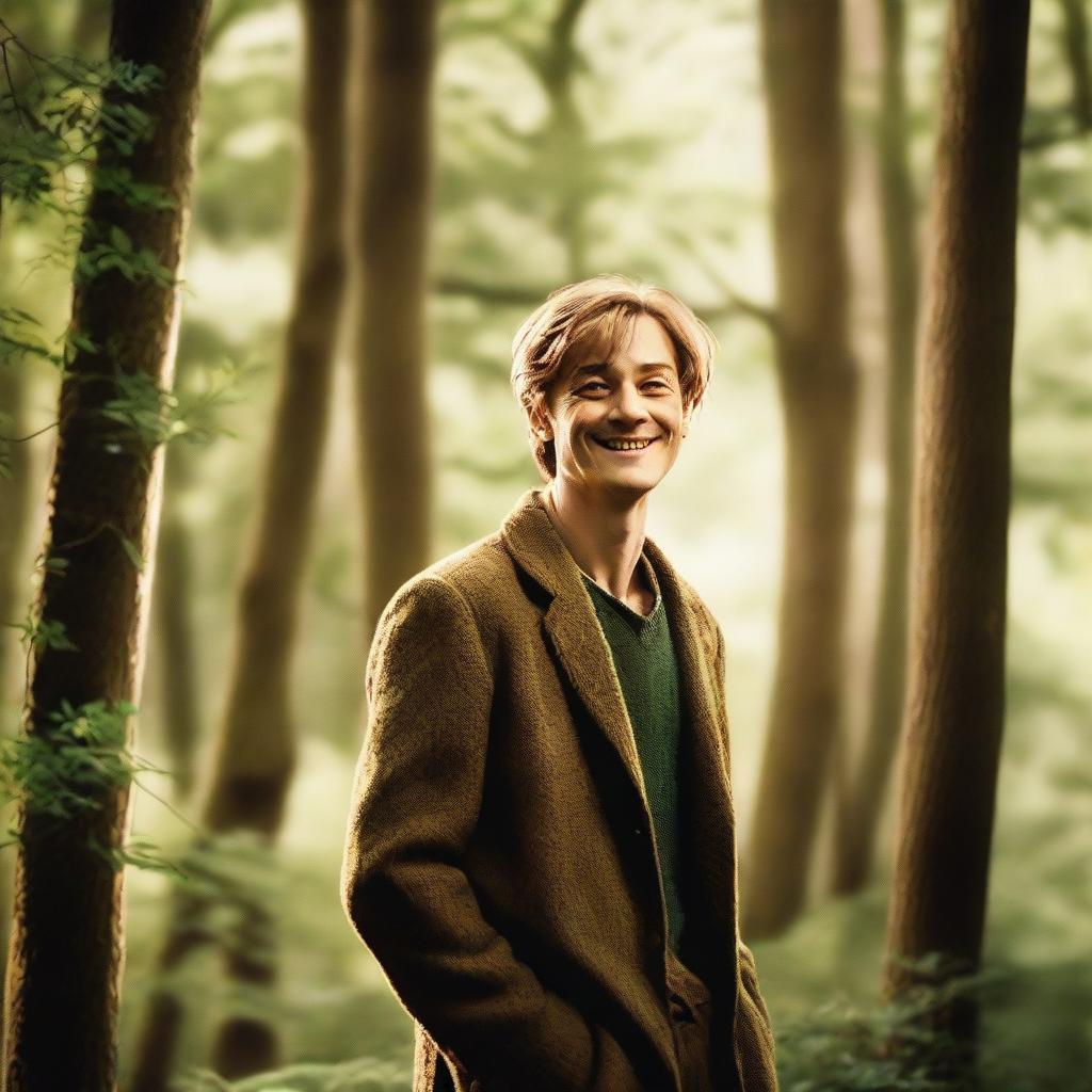 Remus Lupin, a character from the Harry Potter series, smiling warmly while standing in a lush, green forest