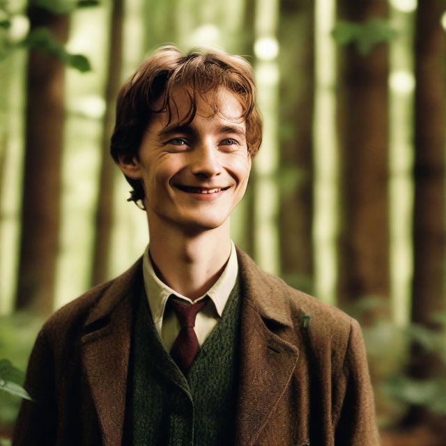 Remus Lupin, a character from the Harry Potter series, smiling warmly while standing in a lush, green forest