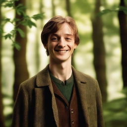 Remus Lupin, a character from the Harry Potter series, smiling warmly while standing in a lush, green forest