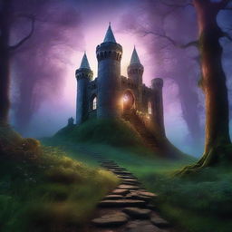 A captivating book cover featuring an enchanting forest with a mysterious pathway leading to an ancient castle