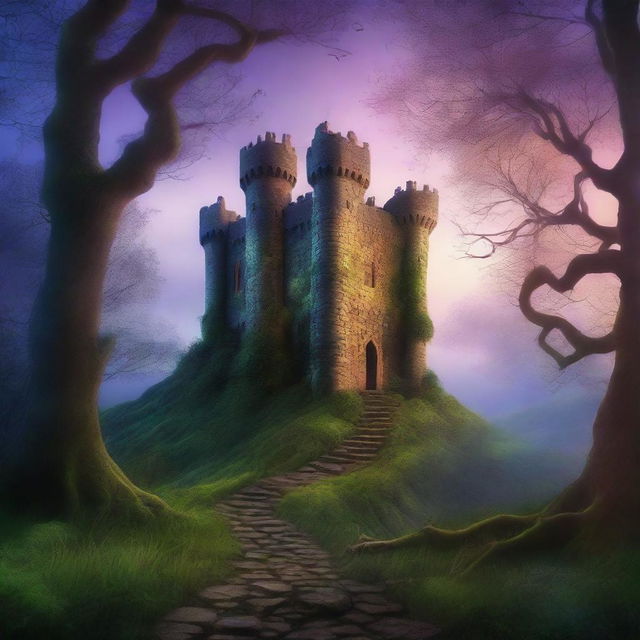 A captivating book cover featuring an enchanting forest with a mysterious pathway leading to an ancient castle