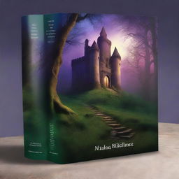 A captivating book cover featuring an enchanting forest with a mysterious pathway leading to an ancient castle