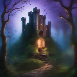 A captivating book cover featuring an enchanting forest with a mysterious pathway leading to an ancient castle