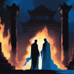 Two dark human silhouettes, one burning with a blue flame and the other with a black flame, standing in what looks like an old temple