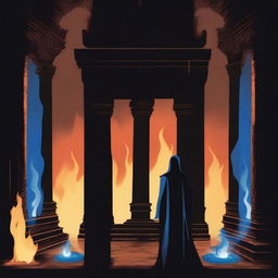 Two dark human silhouettes, one burning with a blue flame and the other with a black flame, standing in what looks like an old temple