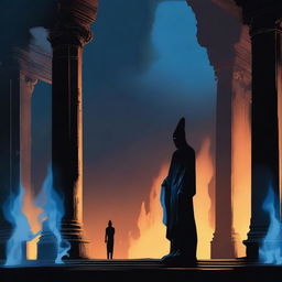 Two dark human silhouettes, one burning with a blue flame and the other with a black flame, standing in what looks like an old temple