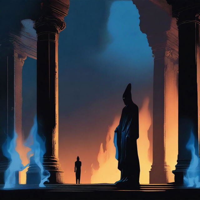 Two dark human silhouettes, one burning with a blue flame and the other with a black flame, standing in what looks like an old temple