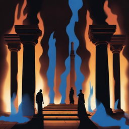 Two dark human silhouettes, one burning with a blue flame and the other with a black flame, standing in what looks like an old temple