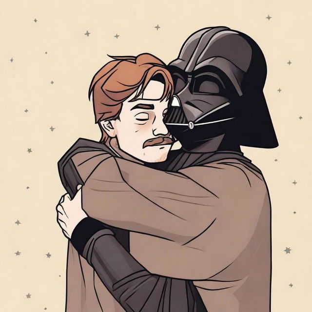 Remus Lupin, a character from the Harry Potter universe, is hugging Darth Vader, a character from Star Wars