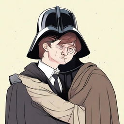 Remus Lupin, a character from the Harry Potter universe, is hugging Darth Vader, a character from Star Wars