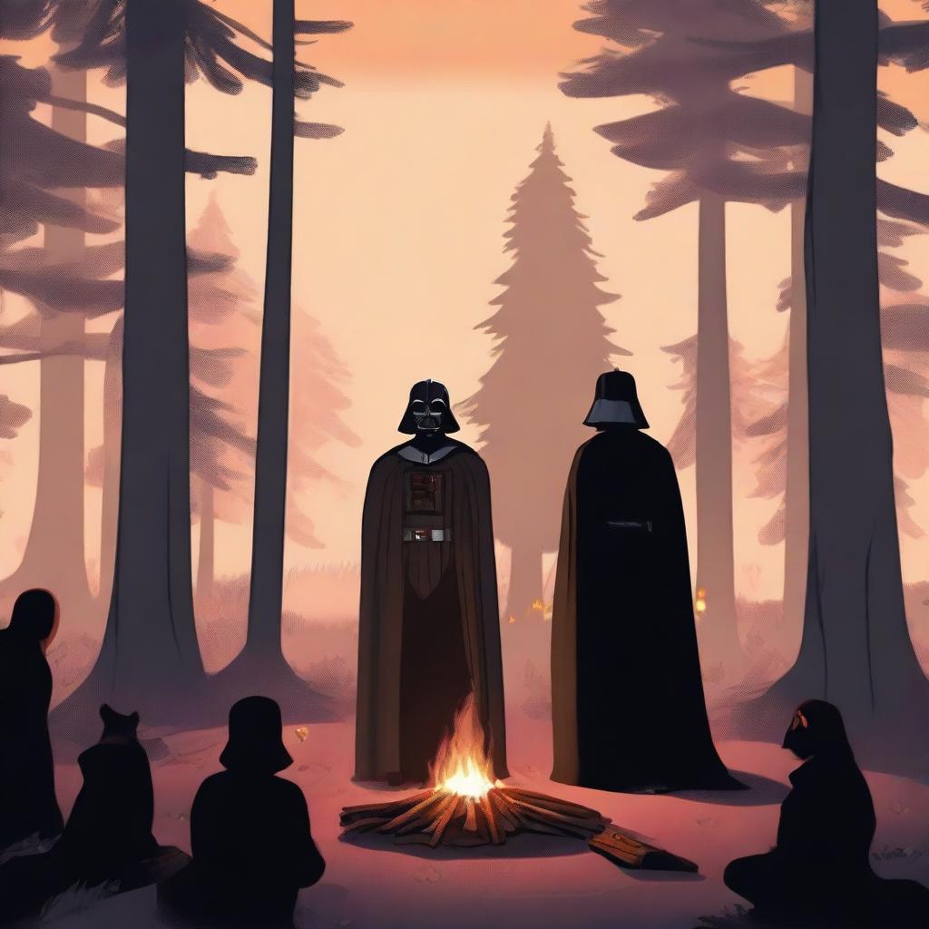 Remus Lupin standing with his back to the viewer, gazing into a dense forest, while Darth Vader is roasting marshmallows over a small campfire nearby