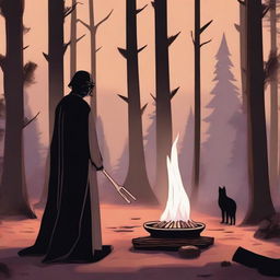 Remus Lupin standing with his back to the viewer, gazing into a dense forest, while Darth Vader is roasting marshmallows over a small campfire nearby