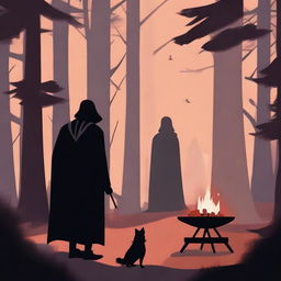 Remus Lupin standing with his back to the viewer, gazing into a dense forest, while Darth Vader is roasting marshmallows over a small campfire nearby