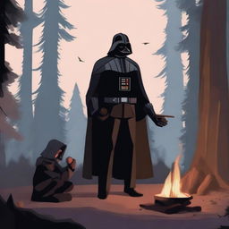 Remus Lupin standing with his back to the viewer, gazing into a dense forest, while Darth Vader is roasting marshmallows over a small campfire nearby