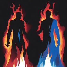 Two dark human silhouettes holding a blue burning flame, while a dark red flame is coming from below them