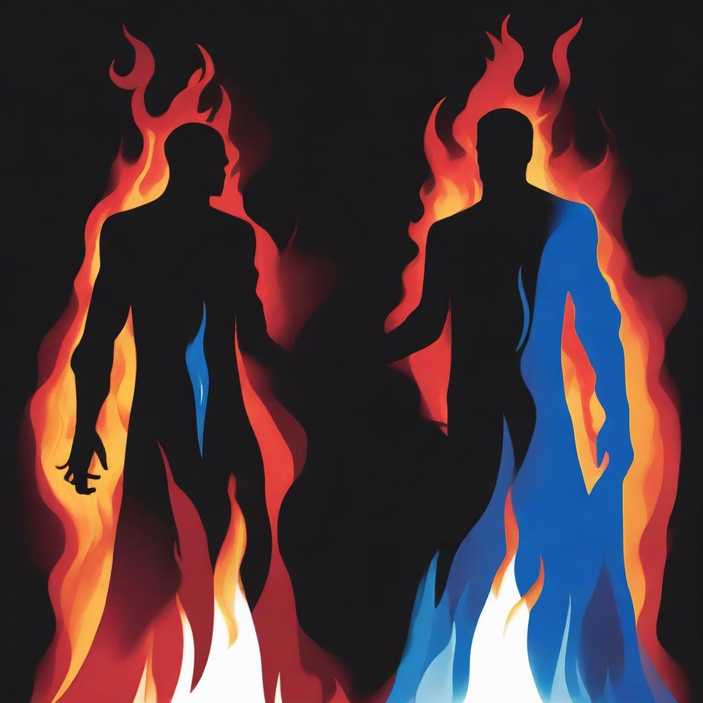 Two dark human silhouettes holding a blue burning flame, while a dark red flame is coming from below them
