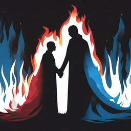 Two dark human silhouettes holding a blue burning flame, while a dark red flame is coming from below them