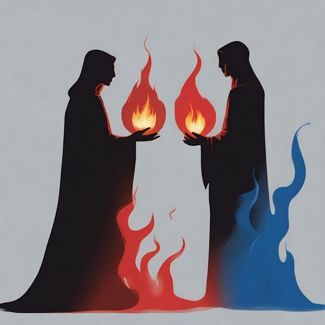 Two dark human silhouettes holding a blue burning flame, while a dark red flame is coming from below them