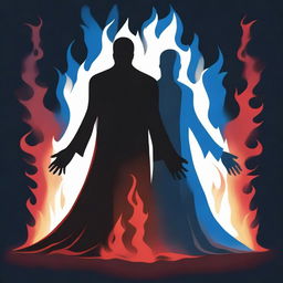 Two dark human silhouettes holding a blue burning flame, while a dark red flame is coming from below them