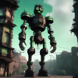 A towering 7-foot tall steel guardian with a steampunk aesthetic, adorned with intricate gears and metal plating