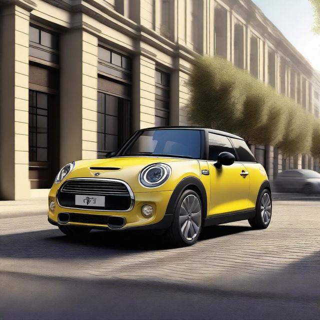 A detailed and realistic image of a Mini Cooper S car, showcasing its iconic design and sporty appearance