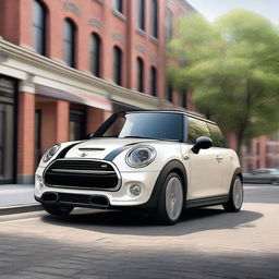 A detailed and realistic image of a Mini Cooper S car, showcasing its iconic design and sporty appearance