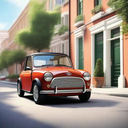 A detailed and realistic image of a Mini Cooper car, showcasing its classic design and compact size