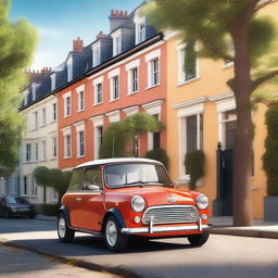 A detailed and realistic image of a Mini Cooper car, showcasing its classic design and compact size