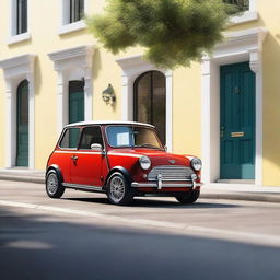 A detailed and realistic image of a Mini Cooper car, showcasing its classic design and compact size