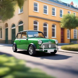 A detailed and realistic image of a Mini Cooper car, showcasing its classic design and compact size