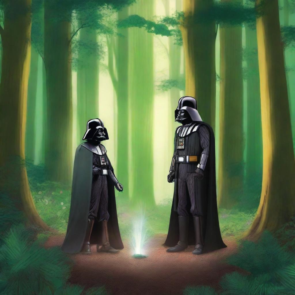 A forest setting featuring Darth Vader, Deku from My Hero Academia, Naruto, and Remus Lupin from Harry Potter