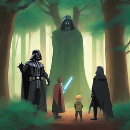 A forest setting featuring Darth Vader, Deku from My Hero Academia, Naruto, and Remus Lupin from Harry Potter