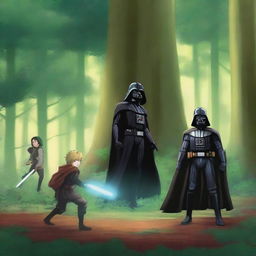 A forest setting featuring Darth Vader, Deku from My Hero Academia, Naruto, and Remus Lupin from Harry Potter