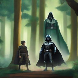 A forest setting featuring Darth Vader, Deku from My Hero Academia, Naruto, and Remus Lupin from Harry Potter