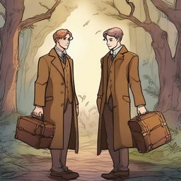 A detailed illustration of Remus Lupin and Newt Scamander standing together in a magical forest