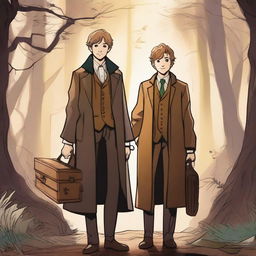 A detailed illustration of Remus Lupin and Newt Scamander standing together in a magical forest