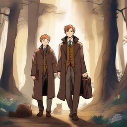 A detailed illustration of Remus Lupin and Newt Scamander standing together in a magical forest