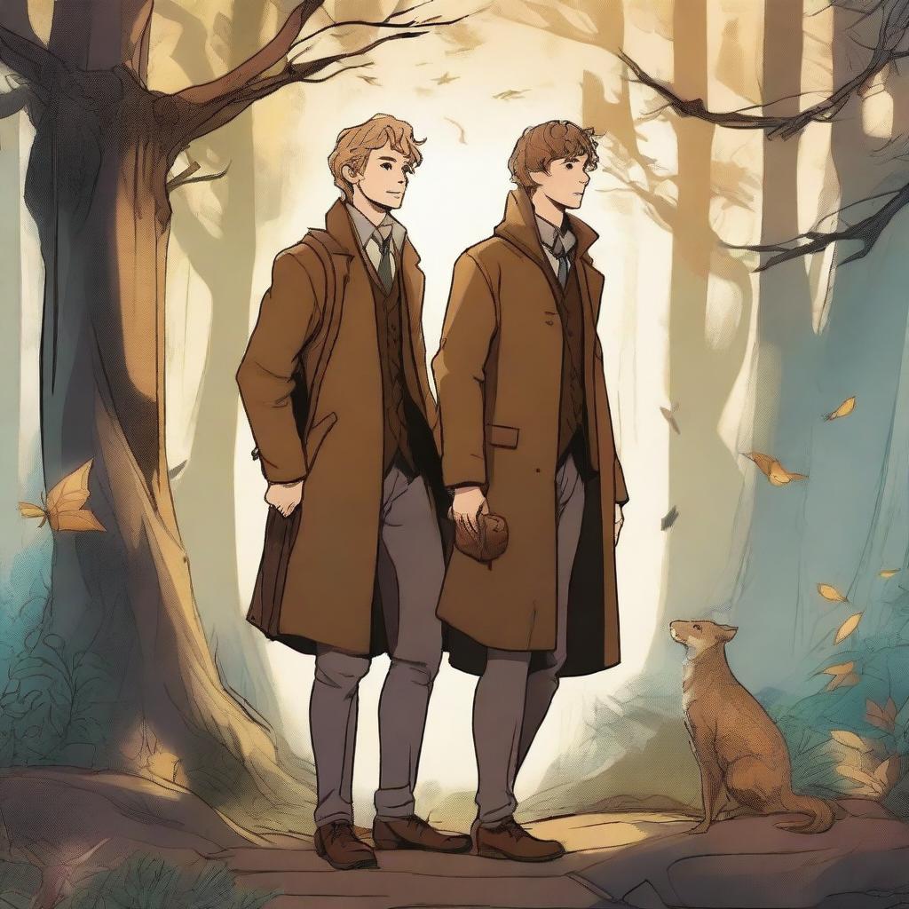 A detailed illustration of Remus Lupin and Newt Scamander standing together in a magical forest