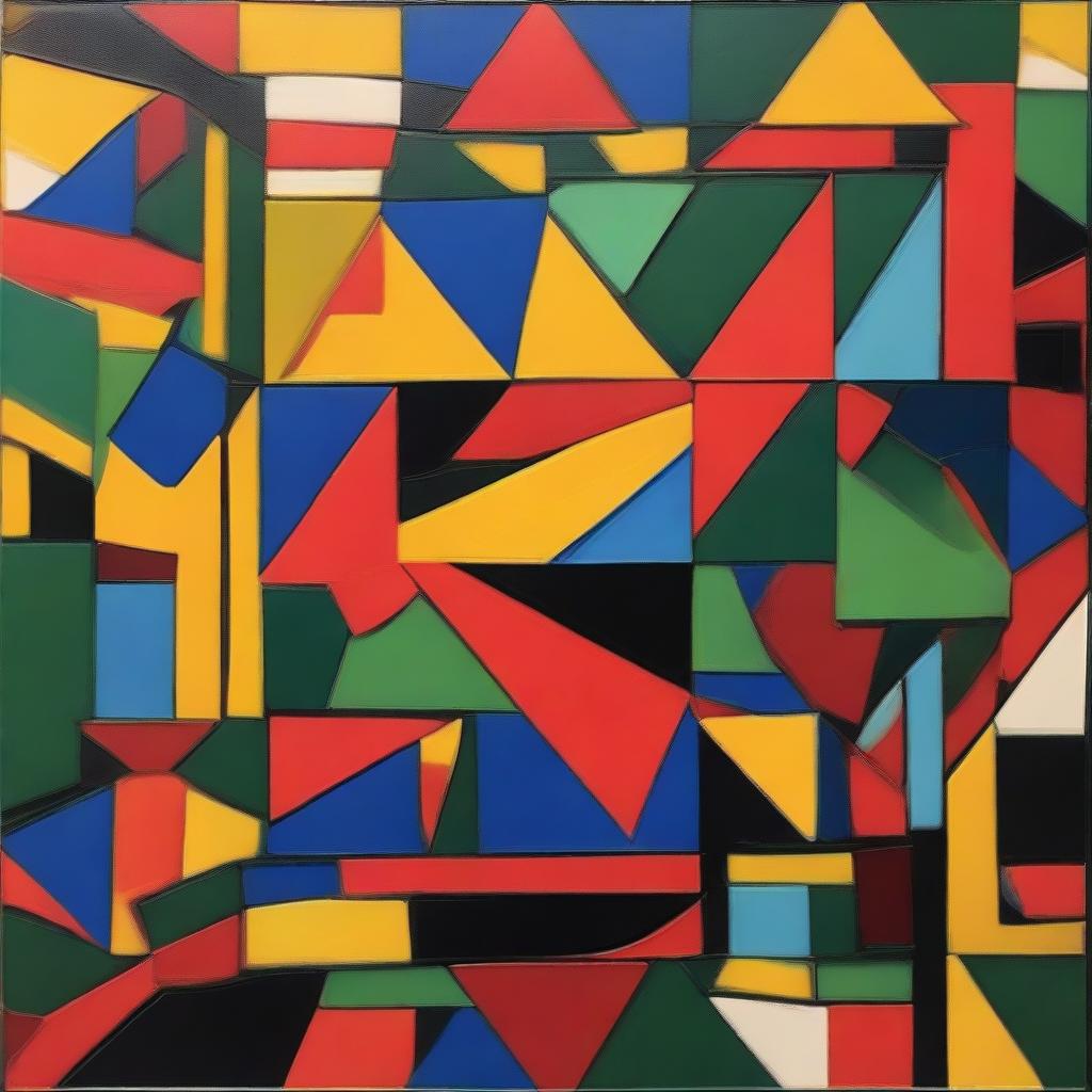 An abstract art painting featuring a variety of geometric shapes and basic colors such as red, blue, yellow, and green