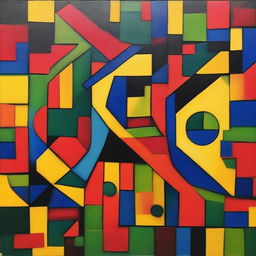 An abstract art painting featuring a variety of geometric shapes and basic colors such as red, blue, yellow, and green