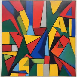 An abstract art painting featuring a variety of geometric shapes and basic colors such as red, blue, yellow, and green