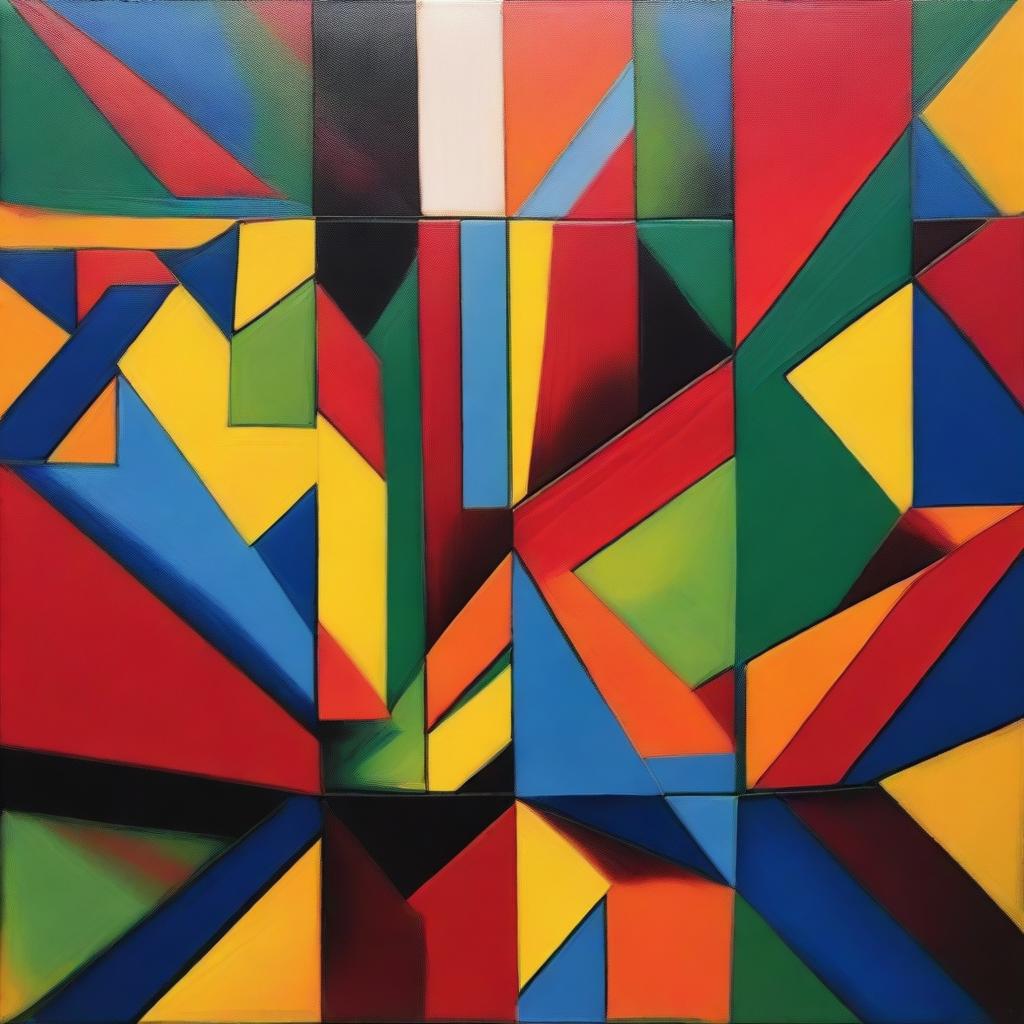 An abstract art painting featuring a variety of geometric shapes and basic colors such as red, blue, yellow, and green