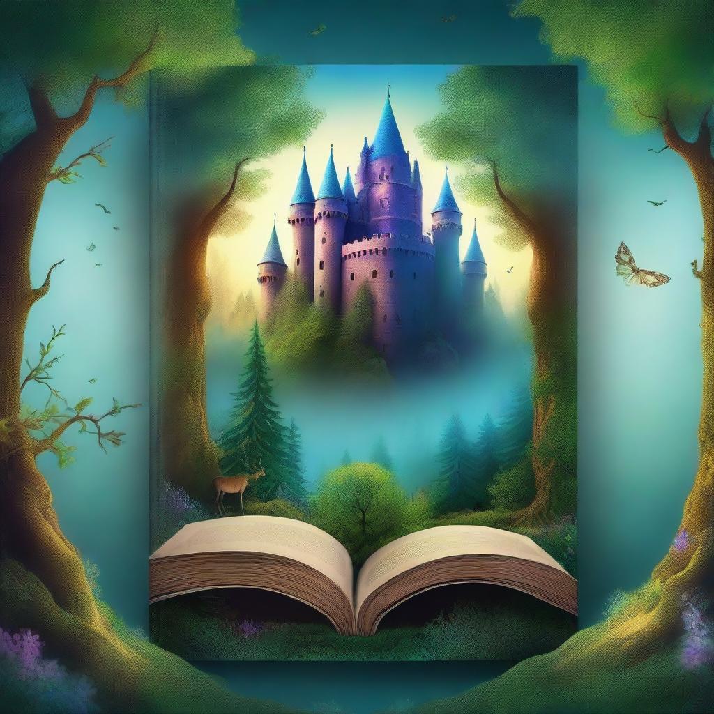 Create a captivating book cover featuring an enchanted forest with mystical creatures and a hidden ancient castle in the background