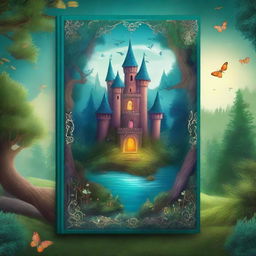 Create a captivating book cover featuring an enchanted forest with mystical creatures and a hidden ancient castle in the background