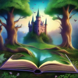 Create a captivating book cover featuring an enchanted forest with mystical creatures and a hidden ancient castle in the background