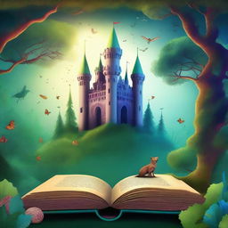 Create a captivating book cover featuring an enchanted forest with mystical creatures and a hidden ancient castle in the background