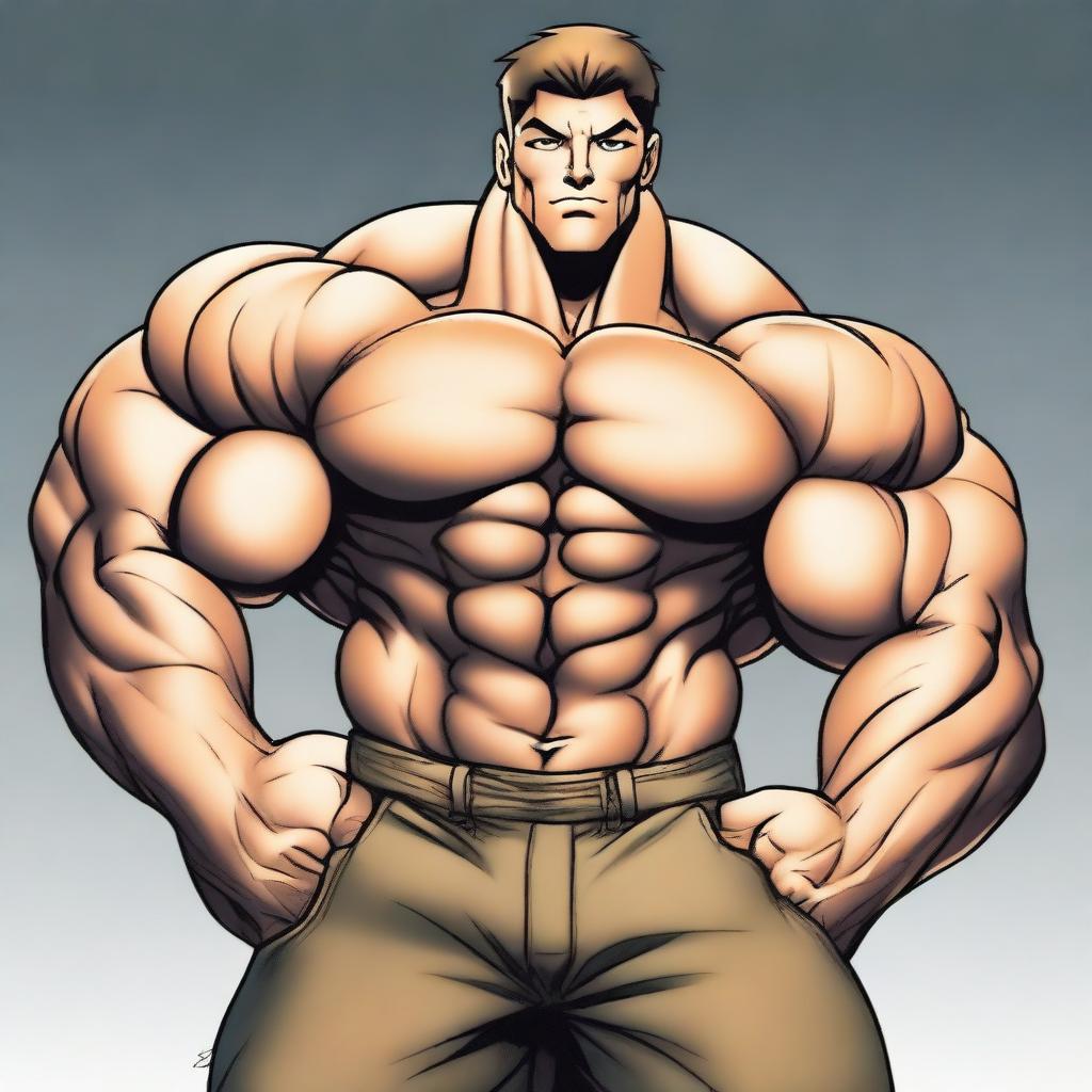 A male teenager with a huge body, very massive chest pecs, and huge biceps flexing
