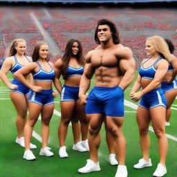 A male teenager with a huge body and very massive chest pecs, flexing his huge biceps in front of female cheerleaders